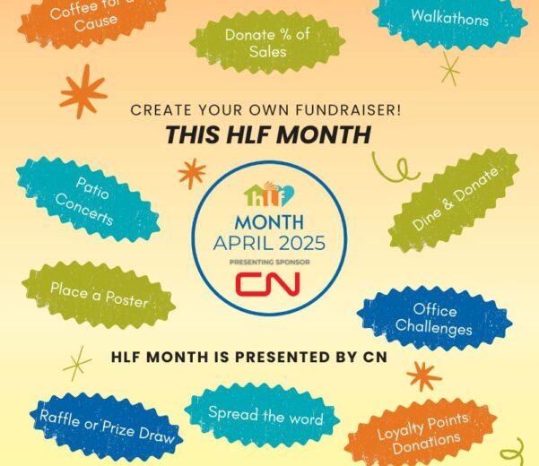 A colorful poster for HLF Month mentioning suggested fundraising activities. HLF Month in April is Presented by CN