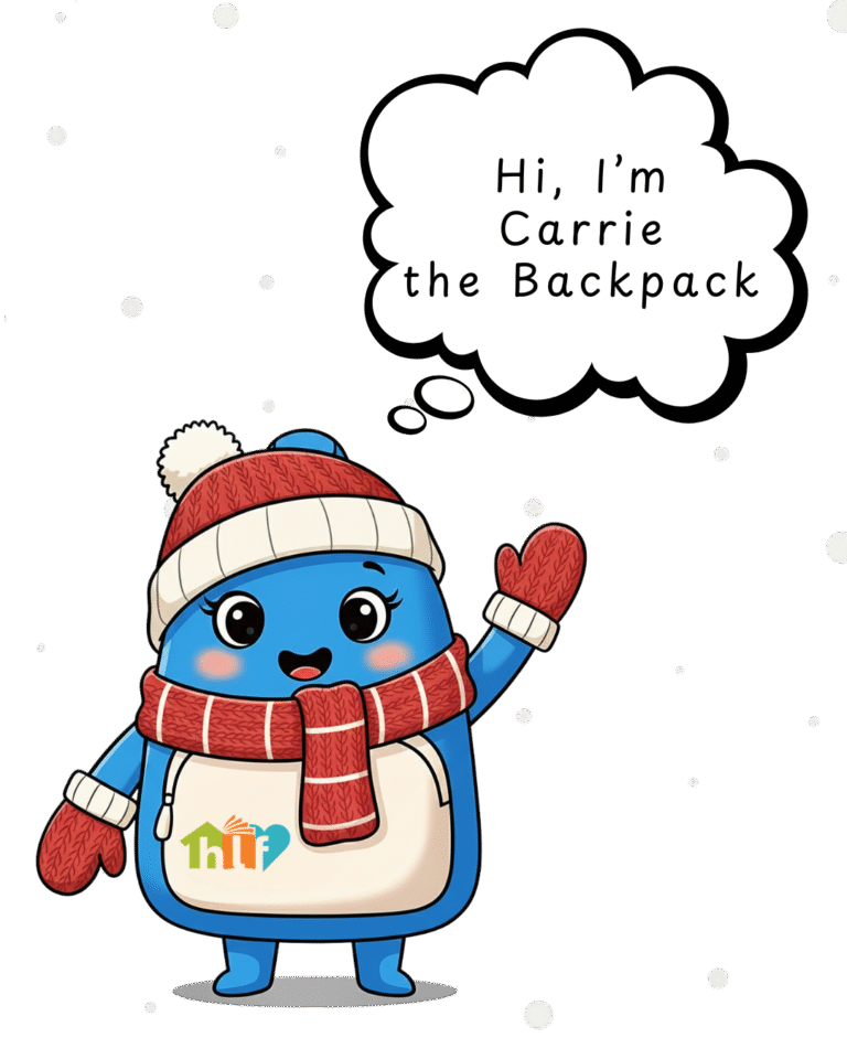 A cheerful cartoon backpack character, blue and white, wearing a red hat, scarf, and mittens, waves with a speech bubble saying, "Hi, I'm Carrie the Backpack."