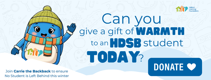 Cartoon character Carrie the Backpack, wearing a winter hat and scarf, gestures invitingly. Text encourages donating warmth to HDSB students.