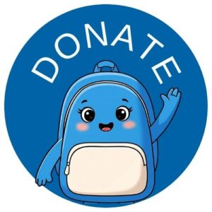 Carrie the Backpack, a cheerful helper of the Halton Learning Foundation.