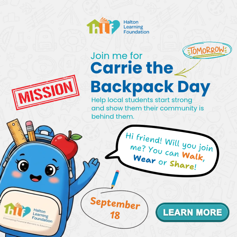 Carrie the Backpack invites the Halton community to join Carrie the Backpack Day on September 18 by walking, wearing a backpack, or spreading the word to support local HDSB students.