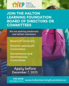 Announcement for volunteer positions as board members or committees at Halton Learning Foundation.
