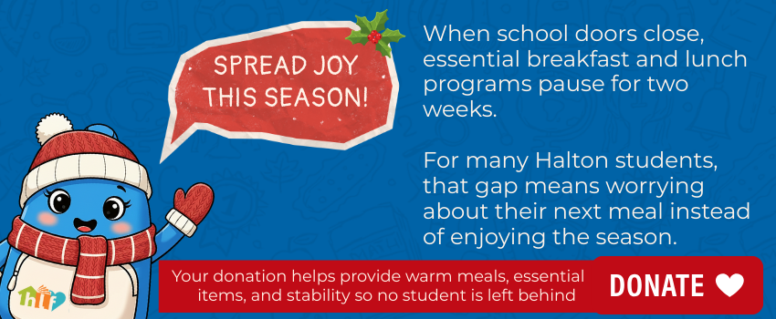 Cartoon character in winter attire waves, with "Spread Joy This Season!" message. Text discusses school meal program pause, urging donations to help students.