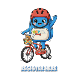 a colorful image of Carrie the Backpack riding a bike 