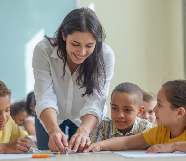 A teacher assists children with their homework, providing guidance and support in a classroom setting.