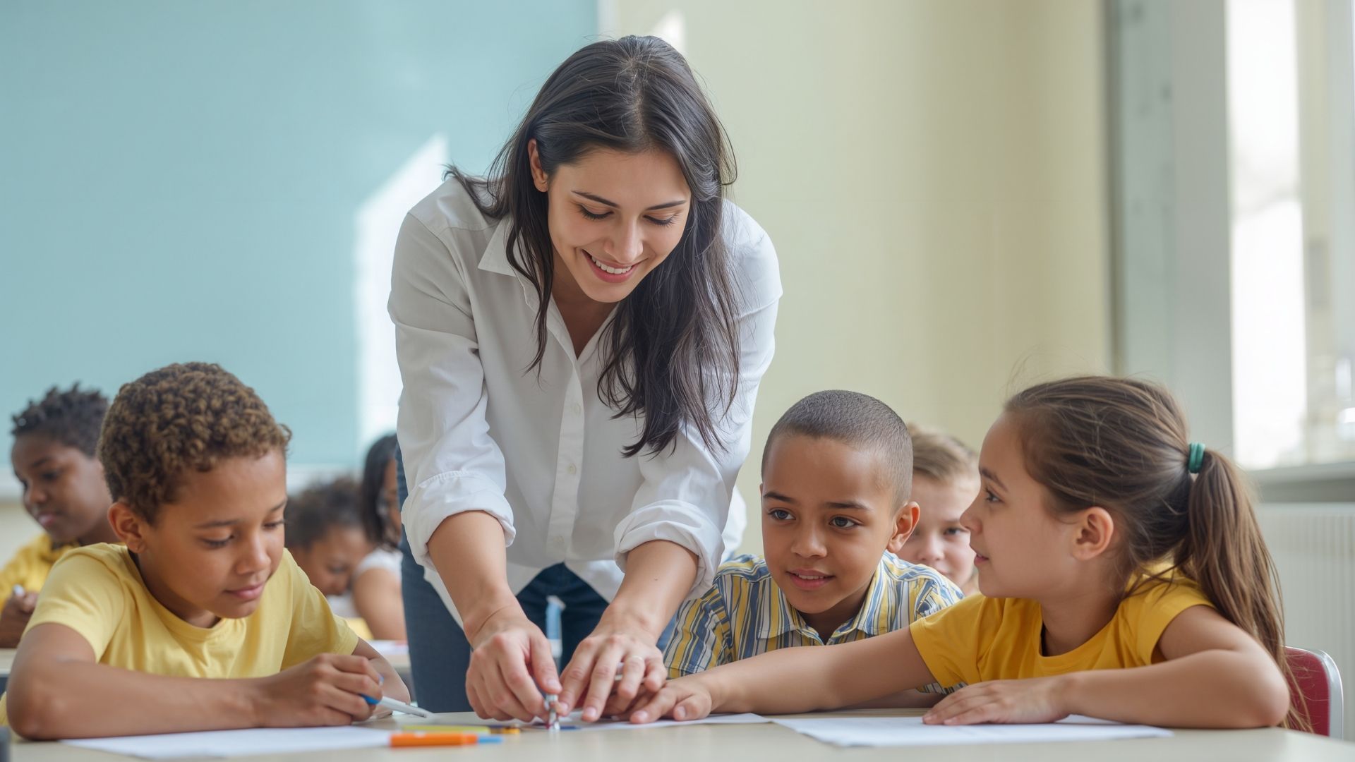 A teacher assists children with their homework, providing guidance and support in a classroom setting.
