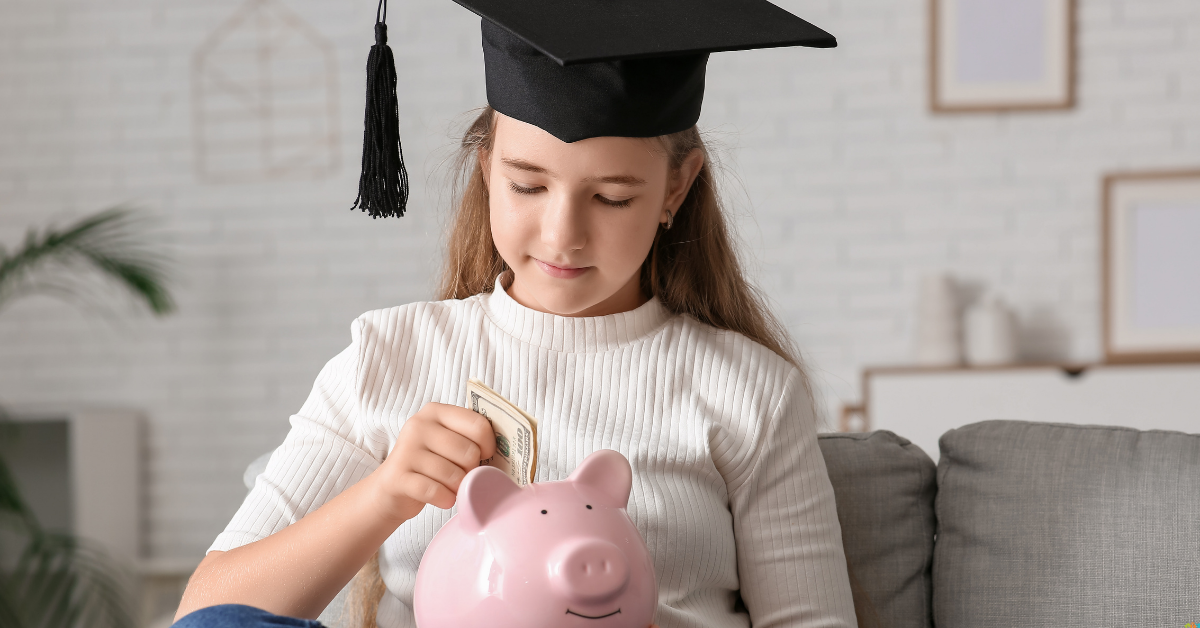 A girl wearing a graduation cap sits on a couch with a piggy bank. HLF Scholarship Story