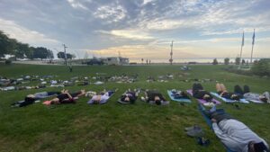 People doing yoga during the Sunrise Yoga in the park event at Spencer Smith Park in Burlington.